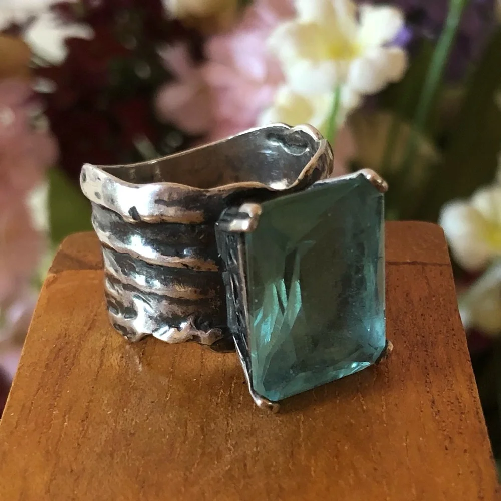 Vintage Silpada Sterling Silver Aqua Glass Statement Ring Size 8 - Picture 7 of 14